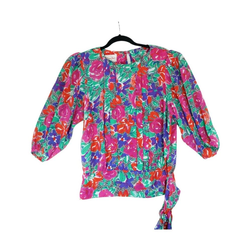 Vintage 80s 90s SUSAN FREIS Top‎ M Pleated Ruffle Floral Print 3/4 Sleeve Womens
